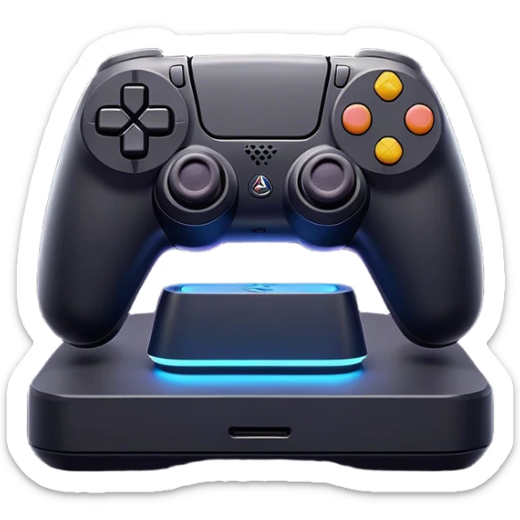 Clash of Clans aesthetic: Cinematic Playful PlayStation 5 Console Portrait Emoji, rendered in a 3D vector-style similar to standard emojis with minimal shading and bold, simplified shapes. A compact, distinct form with signature details, softly glowing with a cutting-edge console technology charm. Simplified yet unmistakably iconic, highly detailed and consistent, glowing with a soft radiance and high shine. Stylized with a touch of technological advancement and a soft glowing outline, capturing the essence of a beloved gaming relic with a friendly, playful manner! sticker