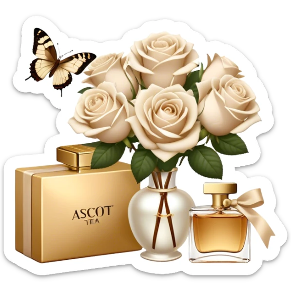 A bouquet of white Ascott tea roses next to a beige aesthetic and a brown beautiful butterfly and a gold silk ribbon and a beautiful flacon of aesthetically pleasing vintage-style perfume in pearl color sticker