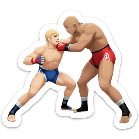 An icon depicting two wrestlers in a grappling stance on the mat, engaged in a fierce combat. One fighter attempts a takedown, while the other resists. The background shows a wrestling arena with bright lights and spectators around the edge of the ring. Transparent background  sticker