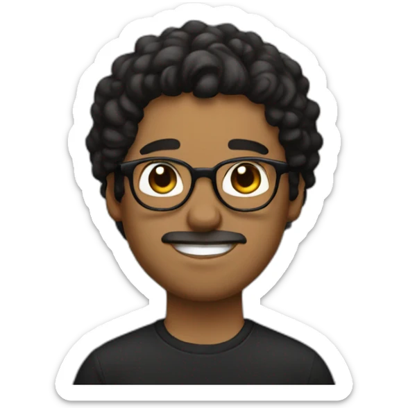 Brown guy, black eyes, black wavy hair, no facial hair, thin long nose, round glasses, black t shirt sticker