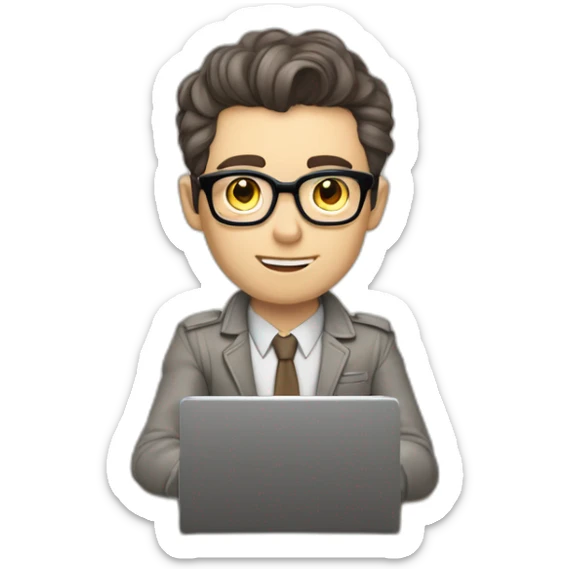 Pale skinned Fit Man With dark brown hair in gray jacket, beige office shirt and vintage glasses sitting In a soft chair with a notebook with emblem Ψ and a pen in his hands sticker