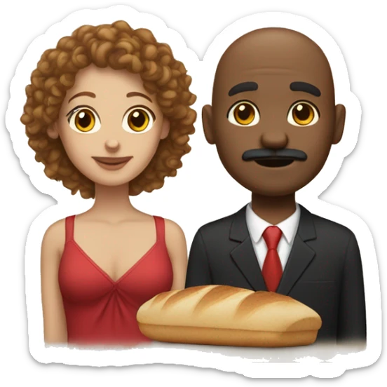 Light skin girl with curly brown hair with red at the bottom and a black bald man with a bread and mustache sticker
