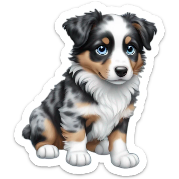 a 5 month old puppy, miniature American shepherd breed, blue merle color, with blue eyes, with a snowboard sticker