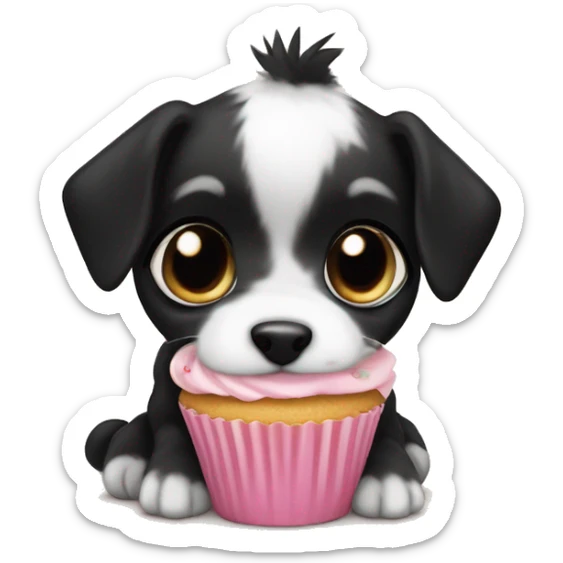 Cute big eyed Black and white teddy Roosevelt terrier puppy (no brown) eating a cupcake sticker