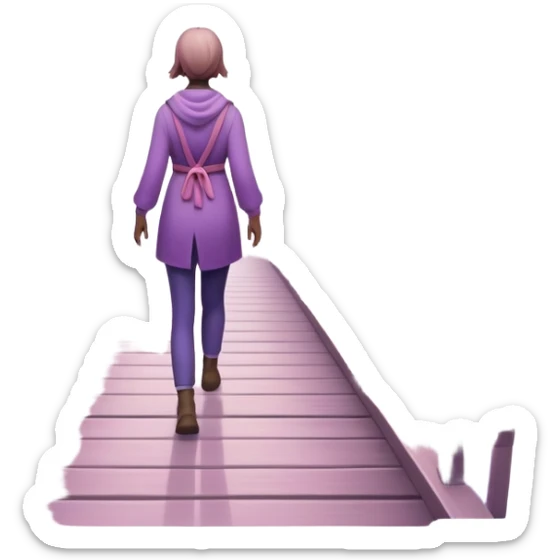 A small figure walks back across a foggy bridge, holding soft pink and purple orbs in each hand—symbolizing compassion and forgiveness. A gentle heart aura trails behind them, showing healing in motion. sticker