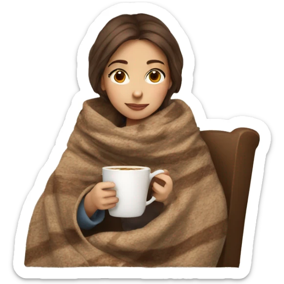 brown hair girl drinking cappuccino wrapped up with a cozy blanket sticker