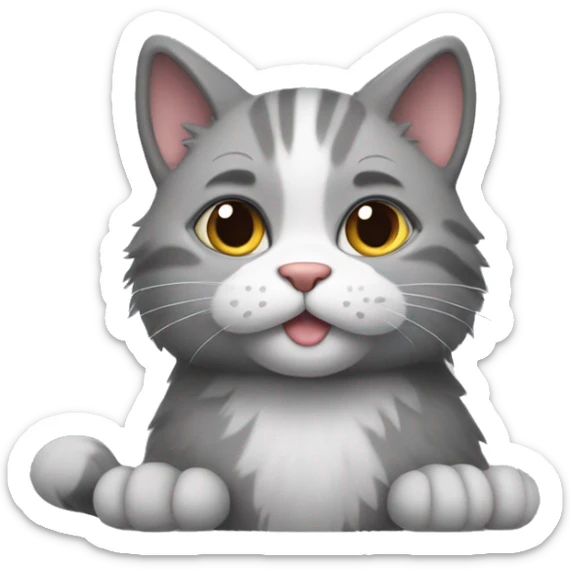 A cat with grey fur, white fur under his Face, showing a heart by his paws  sticker