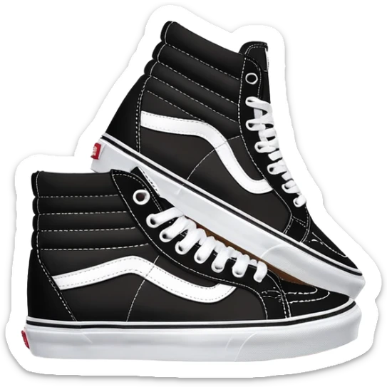 Two black Vans Sk8-Hi high top sneakers positioned in a staggered arrangement with one behind the other, classic black with white sidewall stripe, white laces and rubber toe cap sticker