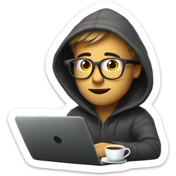 geek with spectacles and hoodie sitting infront of laptop with cup of coffee sticker