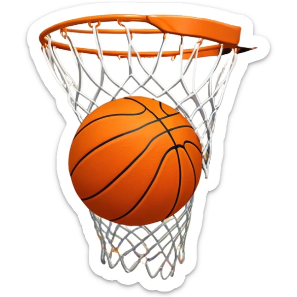 A close-up shot of a basketball soaring through the air and perfectly swishing into the basketball net. The ball is in mid-motion, with the net gently moving as the ball makes contact. The background shows a vibrant court with clear markings, capturing the excitement of a successful shot sticker