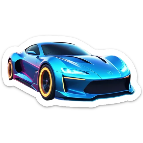 An icon showing a sleek car speeding through a neon-lit cityscape, inspired by Need for Speed. The design features dynamic motion lines, glowing tires, and a vibrant city backdrop with skyscrapers and lights. The rush of high-speed racing is highlighted. Transparent background. sticker