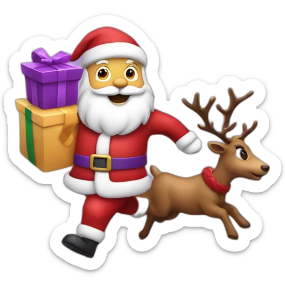 Santa Claus dressed in purple running with the reindeer to deliver the presents sticker