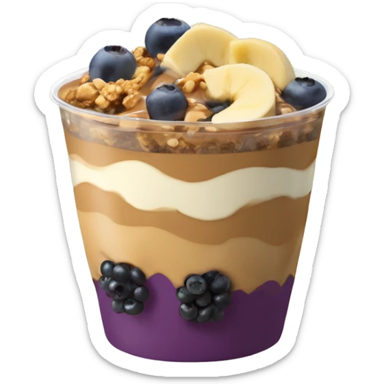 Açai bowl in a cup with layers of peanut butter, cashew nuts, granola, condensed milk, Banana and blueberrys sticker