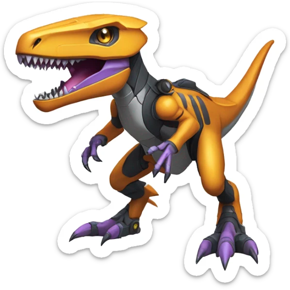 Colorful Edgy Greymon-Velociraptor-Genesect-Fakémon-Pokémon wearing a with a futuristic helmet And suit Full Body sticker