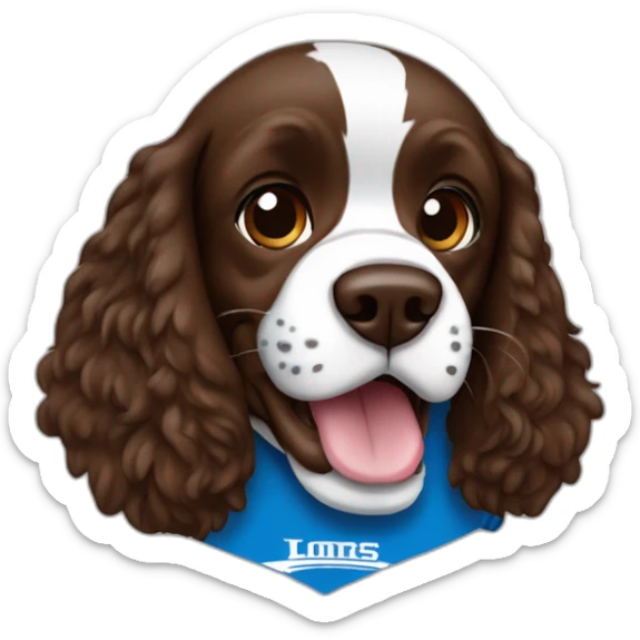 brown springer spaniel wearing detroit lions football helmet and holding football sticker