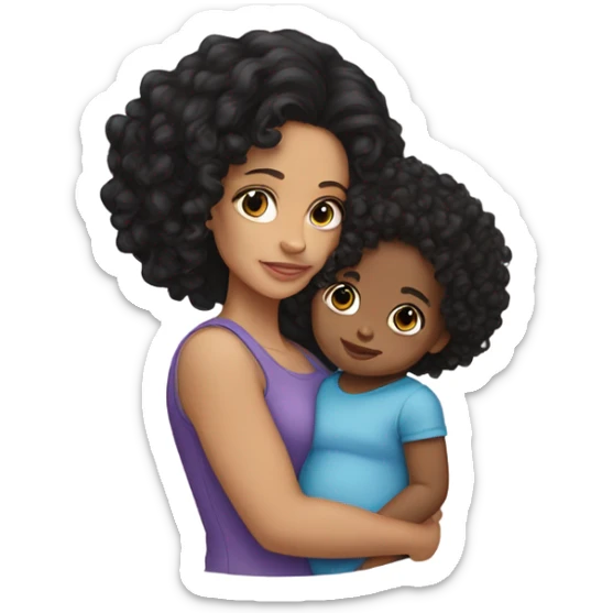 light skin woman standing with black hair holding a curly head mixed baby girl sticker