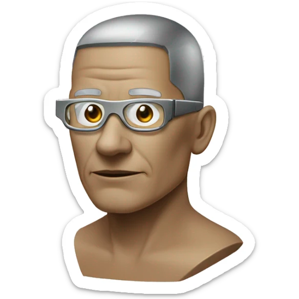 Older Male cyborg head with metallic plated face, brown flat top haircut, glasses and circuitry sticker