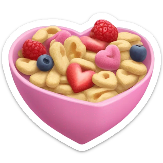 A bowl of pink heart-shaped cereal and fruits. sticker