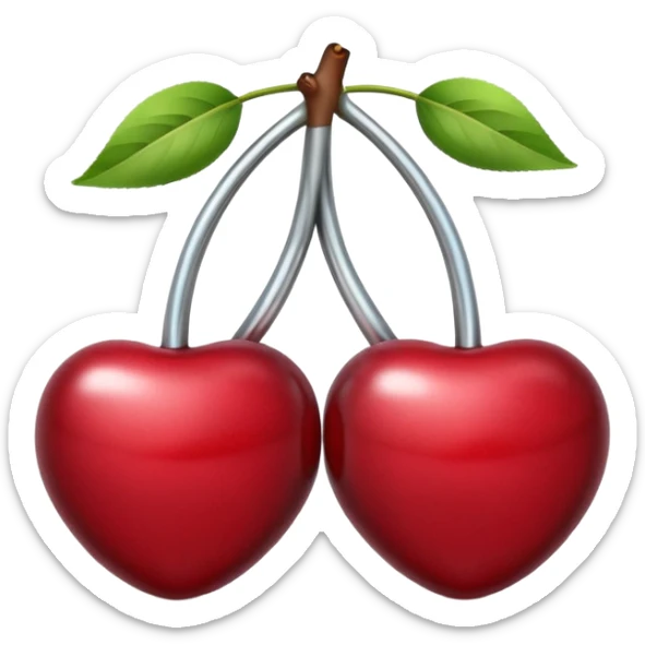 A pair of cherries emoji made of polished silver chrome, smooth rounded shapes, glossy metallic finish, soft highlights and reflections, cute proportions, iOS emoji style, centered, clean white background, no text sticker
