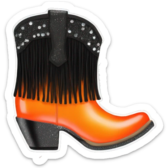 Realistic short neon Orange to black ombre fashion cowgirl boot with sparkly shiny glitter fringe on them. sticker