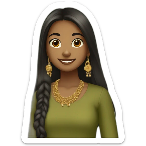 A brown girl in her teens taking a mirror selfie in an olive green kurta and wearing a gold chain and long black straight hair with a half up half down hairstyle  sticker