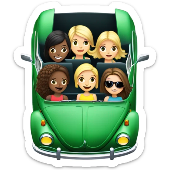 Two Caucasian blonde girls plus two Caucasian brunette girls in a green VW beetle convertible sticker