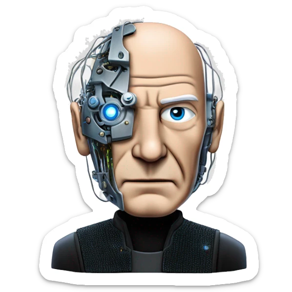 Jean luc picard from Star Trek assimilated by the Borg, with mechanical metal covering only the left side of his face, with wires and a red light on the left side. Both his eyes are unobstructed and are human blue eyes. sticker