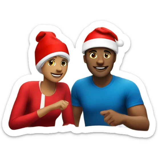 Sports emoji couple, man and woman in sportswear, sitting at the New Year's dinner table with a red Christmas hat sticker