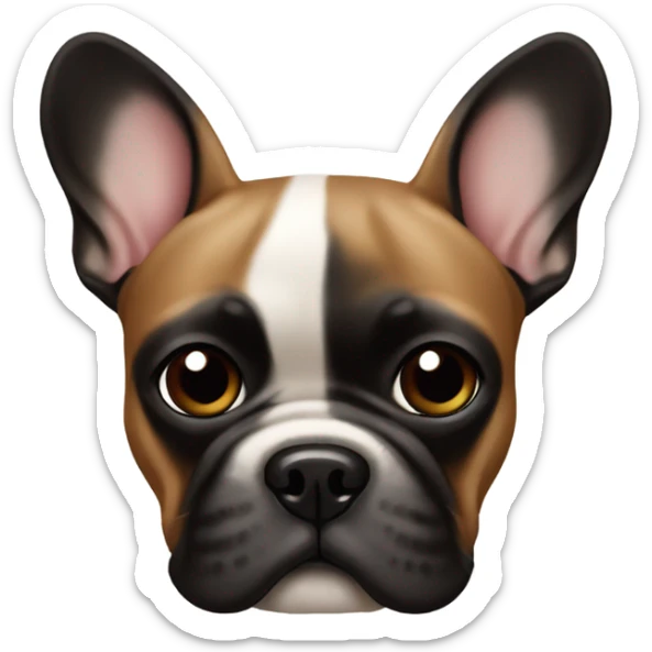 A French bulldog with a black face and brown body with kibble sticker