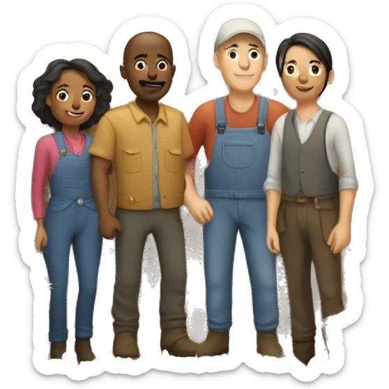 barn with two farmers, one male and one female and some customers of various ethnic backgrounds sticker