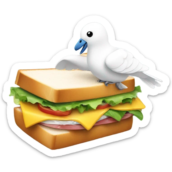 A sandwich with a bite out of it, being carried by a white dove. sticker