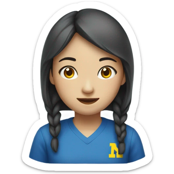 Chinese girl with mid part wearing a blue shirt that says “Michigan Crew” sticker