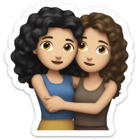Two best friends hugging one with black hair and the other with brown hair with highlights. Both white skin sticker