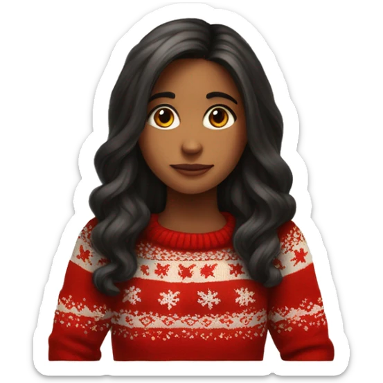 thoughtful-highlight-skin-dark-long-hair-girl-in-red-cute-Christmas-sweater sticker