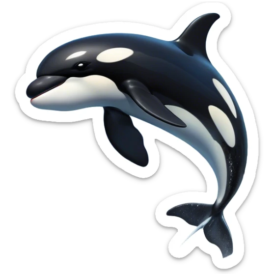 Meme-Worthy Breaching orca Portrait Emoji, Bursting powerfully out of the ocean with an impressive, high-energy leap, showcasing a sleek black-and-white body glistening with water droplets and dynamic, arched posture, Simplified yet exhilaratingly expressive features, highly detailed, glowing with a vibrant marine energy, high shine, bold and full of life, stylized with an air of untamed ocean spirit, soft glowing outline, capturing the essence of an orca mid-breach, radiating pure, unstoppable aquatic power! sticker