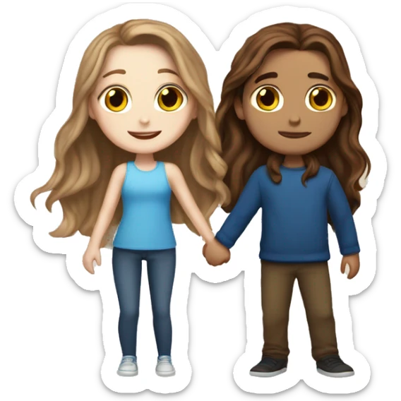 Realistic white girl with long brown hair and white boy with brown hair and blue eyes hugging  sticker