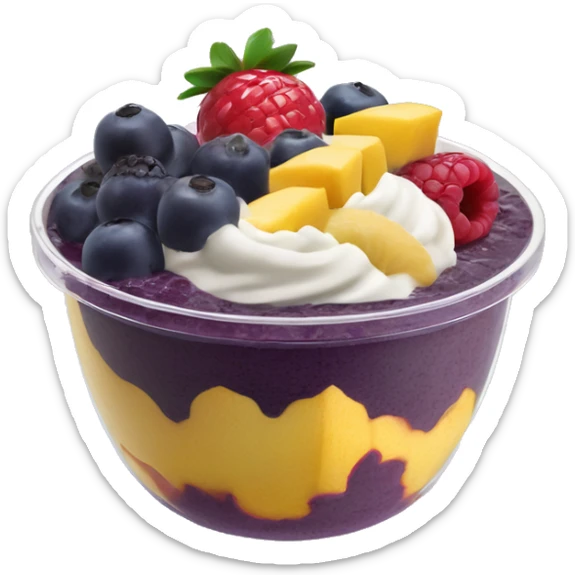 Açai bowl (made out of soft serve açai blend) in a a clear tub/cup with fruit  sticker