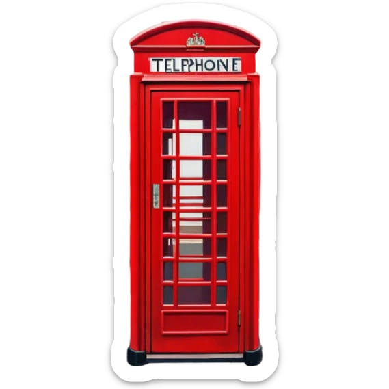 Cinematic Realistic depiction of an iconic red telephone box, rendered in vivid, saturated colors with detailed textures and reflective surfaces, set on a classic English street under soft, diffused daylight sticker