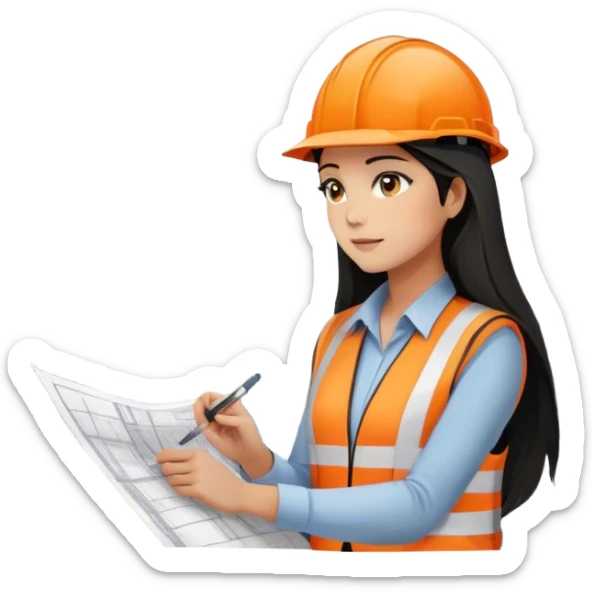 Female civil engineer with black long hair and white helmet wearing orange vest looking at high rise building drawing plan sticker
