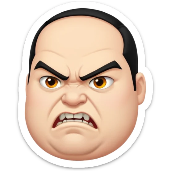 young angry fat man in profile view with black hair, fangs, crossed eyes sticker