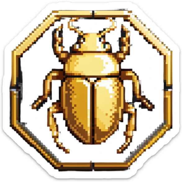 A golden hexagonal badge with a detailed beetle in the center, Discord bug hunter inspired sticker