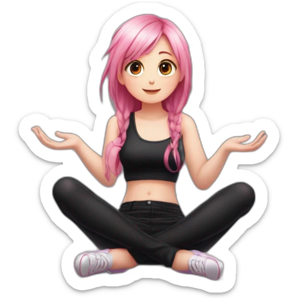 Full body Front view curvy emo girl pink hair sits on the floor straight view hands up black skirt белые трусики полосатые рваные чулки sticker