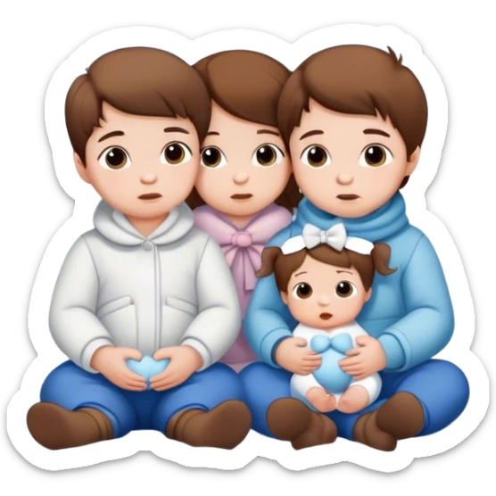 two white baby boys with brown hair and a white baby girl with brown hair and a bow sitting together in the winter snow sticker