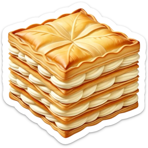 mille-feuille-cinematic-realistic-mille-feuille-dessert-emoji,-depicted-as-a-delicate-pastry-composed-of-two-crisp-layers-of-puff-pastry-with-a-rich-cream-filling,-rendered-with-intricate-textures-and-elegant,-soft-lighting. Please only show two layers sticker