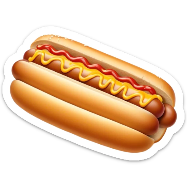 Cinematic classic hot dog, nestled in a soft toasted bun, drizzled with mustard and ketchup, juicy and flavorful, warm golden tones, ultra-detailed and mouthwatering. sticker