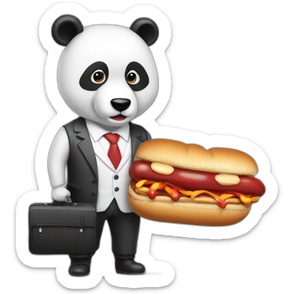 A professor with white suit and red tie and a panda face eating a hotdog and holding a black suitcase sticker