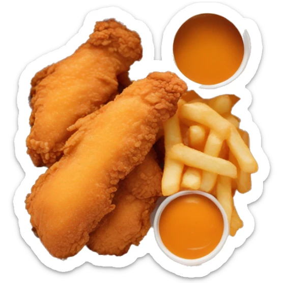 3 chicken tenders with crinkle fries and orange sauce on the side in a styrofoam container sticker