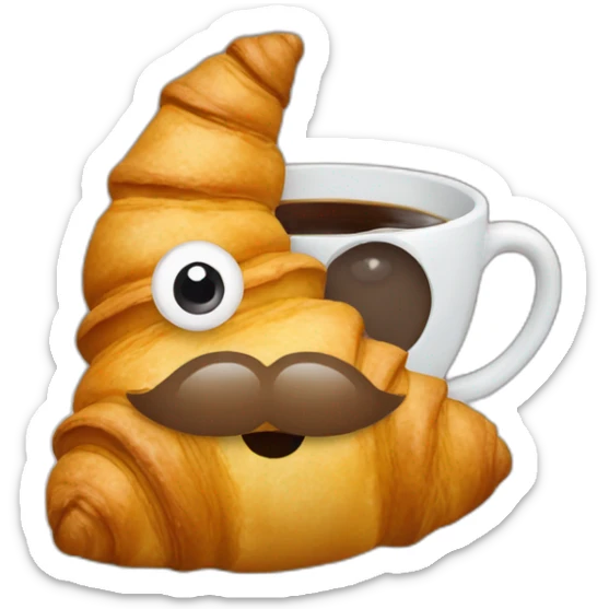 A croissant with eyes, mouth and a mustache that drinks a cup of coffee sticker