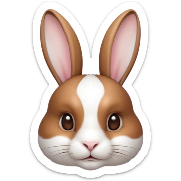 Cinematic Noble White and Brown Rabbit Portrait Emoji, Poised and regal, with a balanced, compact build and a beautifully patterned fur of pristine white accented by rich brown patches, long, alert ears and deep-set soulful eyes, Simplified yet sharp and sophisticated features, highly detailed, glowing with a soft, dignified glow, high shine, intelligent and gentle, stylized with an air of refined charm, focused and attentive, soft glowing outline, capturing the essence of a watchful and confident companion, so majestic it feels as though it could hop out of the screen with effortless authority! sticker