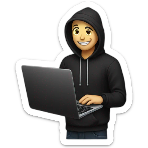 eyes-closed-laughing-male-with-regular-skin-and-blue-eyes-wearing-black-beanie-and-black-hoodie-and-holding-a-laptop-not-full-body-shot sticker